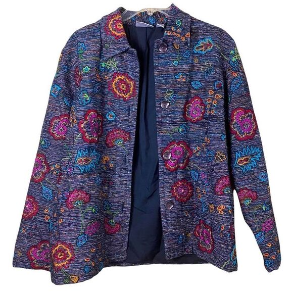 Vintage Chicos Design Silk Blend Embroidered Button Down Jacket Size 1 Medium - Picture 2 of 9